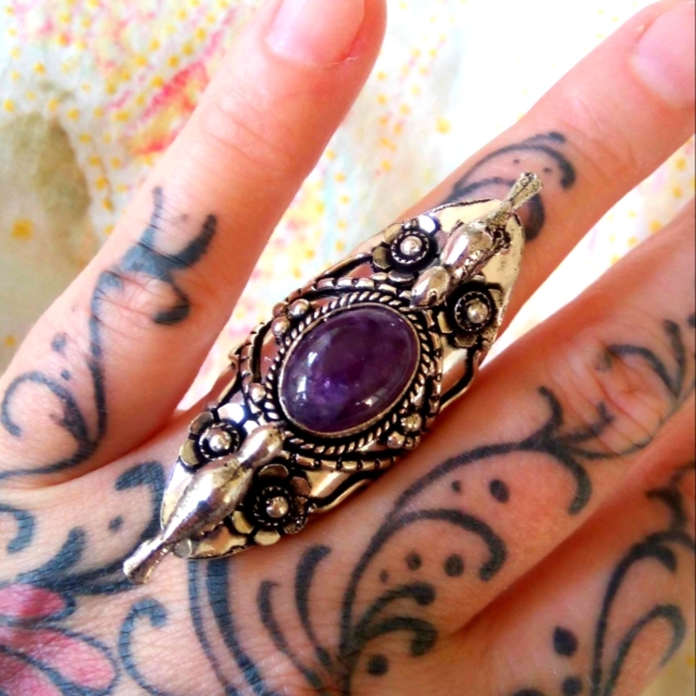 ❤ Sterling silver Amethyst Bird Sparrow Big Statement Ring sz 7.5